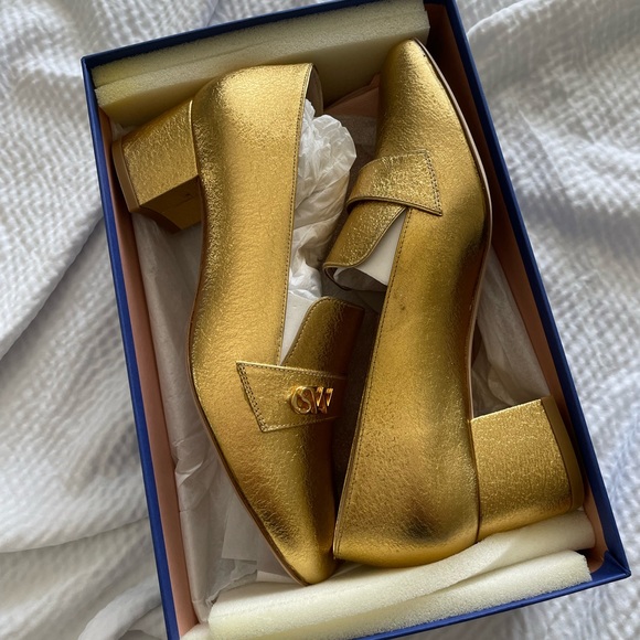 Stuart Weitzman Gold Block Heel Loafers - Picture 3 of 14